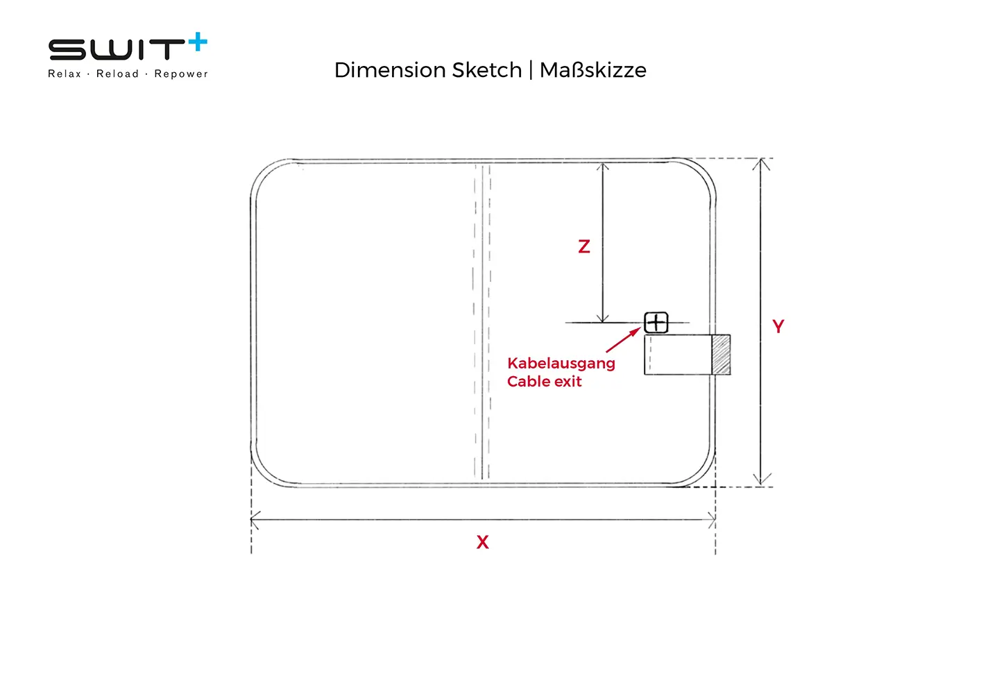Dimension sketch of the SWIT® Dog Blanket with labeled cable exit and measurements X, Y, Z