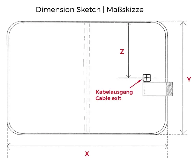 Dimension sketch of the SWIT® Dog Blanket with labeled cable exit and measurements X, Y, Z