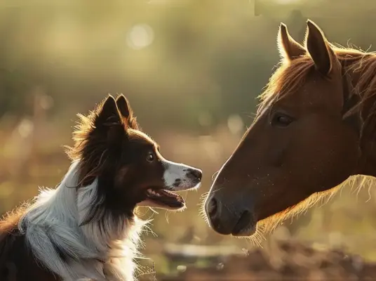 The image shows a dog and a horse